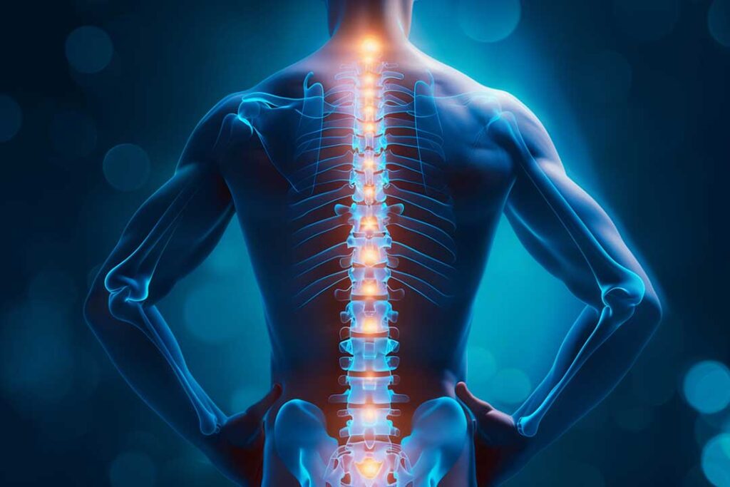 A chiropractor discussing spinal alignment with a patient during a wellness check.